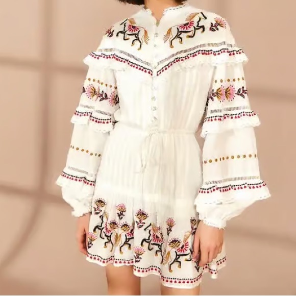 FARM Rio Dresses & Skirts - FARM Rio Stitch Embroidered Horses White Ruffle Dress with Floral Accents XXS